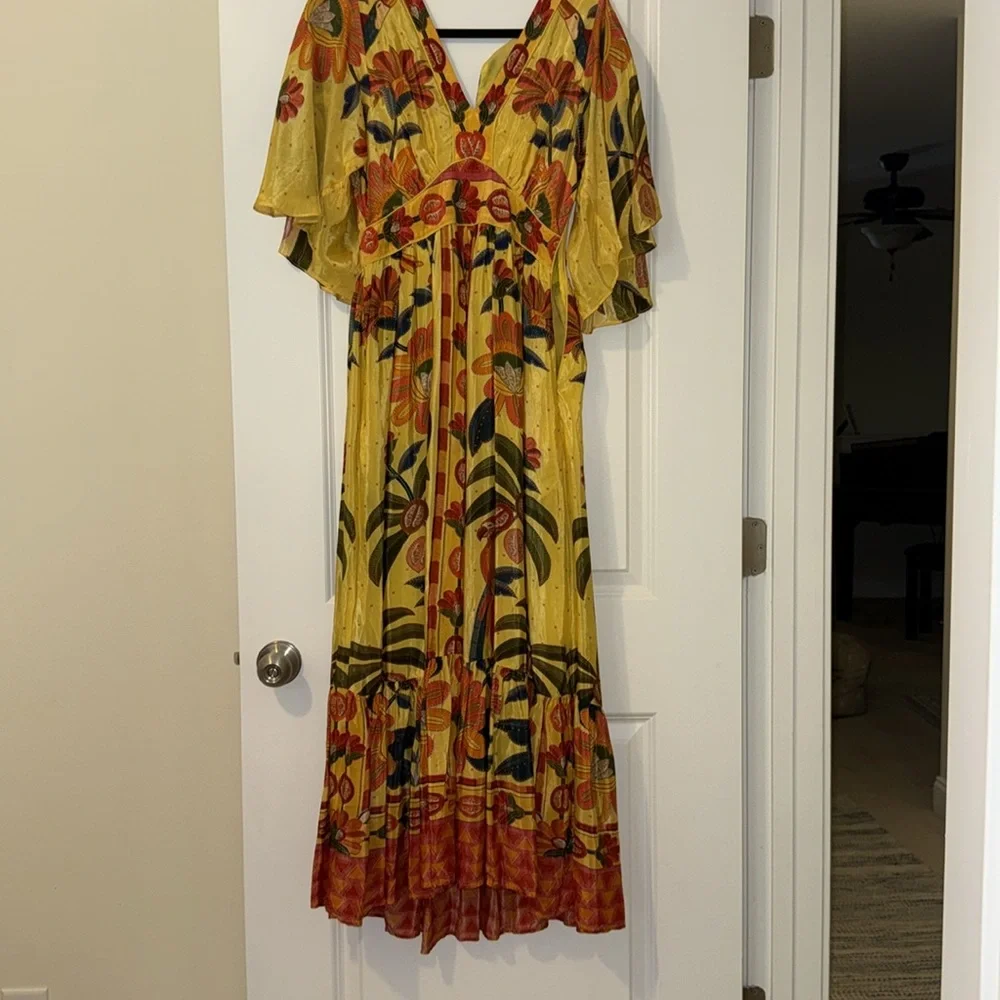 Farm Rio Yellow Midi Dress Flutter Sleeves NWT Size XS - Picture 3 of 4